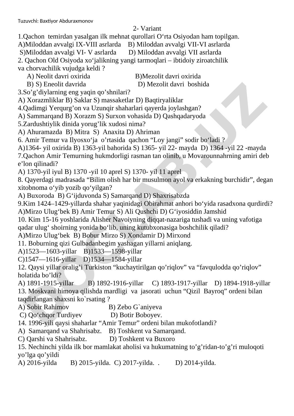 O'rta Osiyo tarixidan test savollari