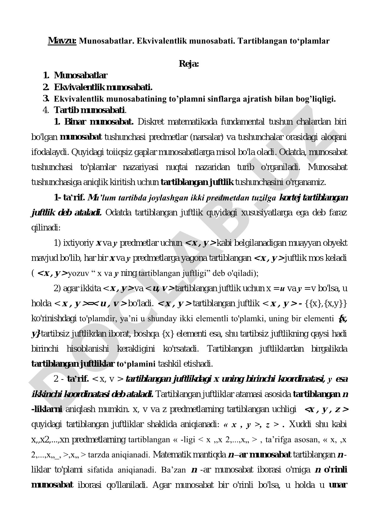 Munosabatlar. Ekvivalentlik munosabati. Tartiblangan to‘plamlar