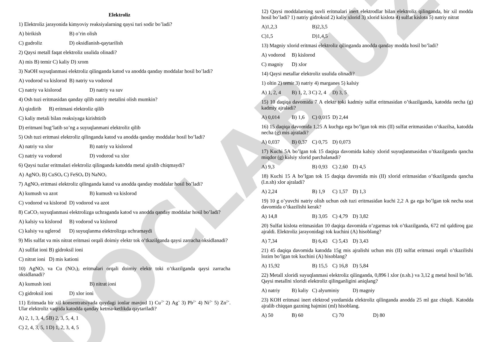 Elektroliz jarayoniga oid test savollari