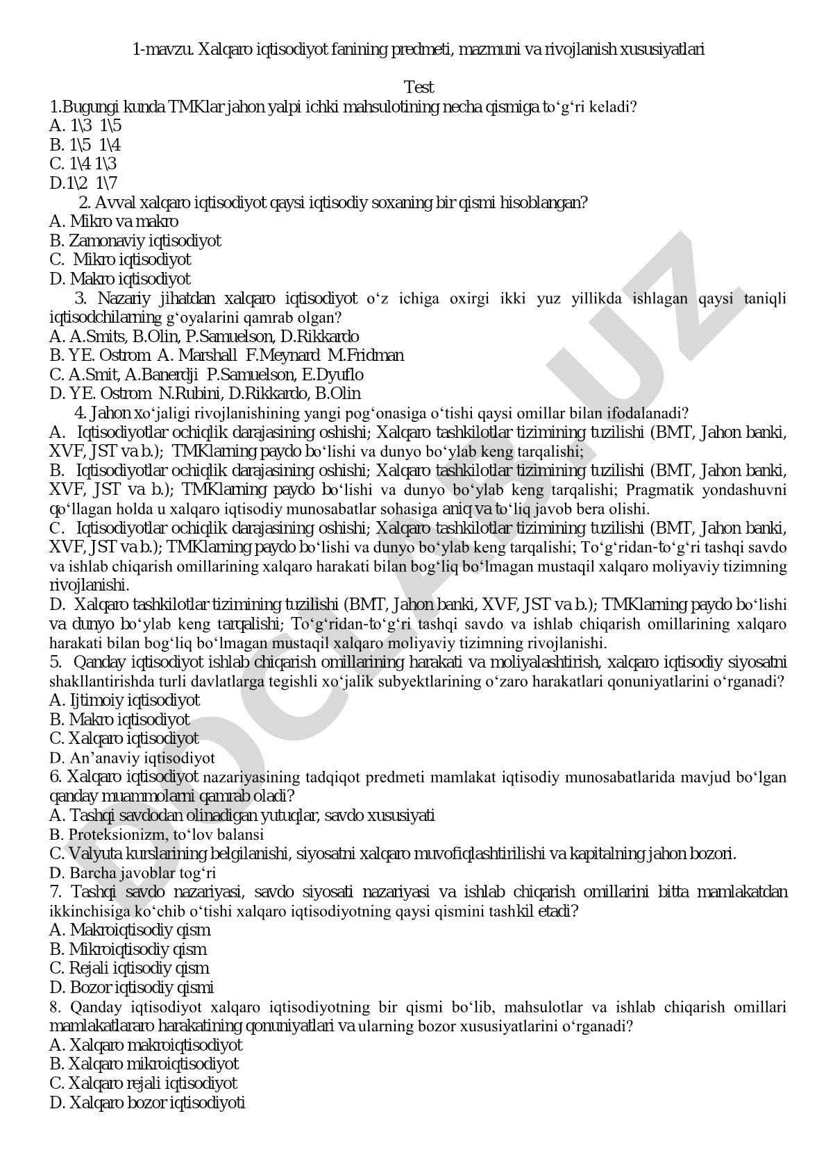 Xalqaro iqtisodiyot fanining predmeti, mazmuni va rivojlanish xususiyatlari