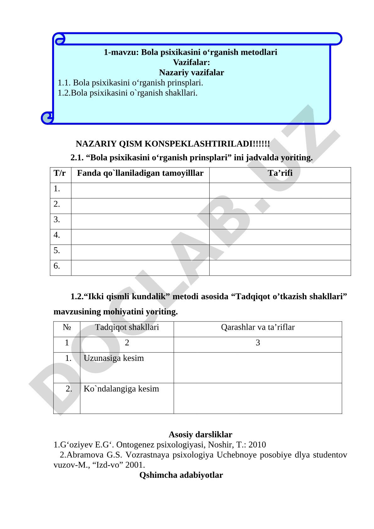 Bola psixikasini o'rganish tamoyillari va tadqiqot shakllari