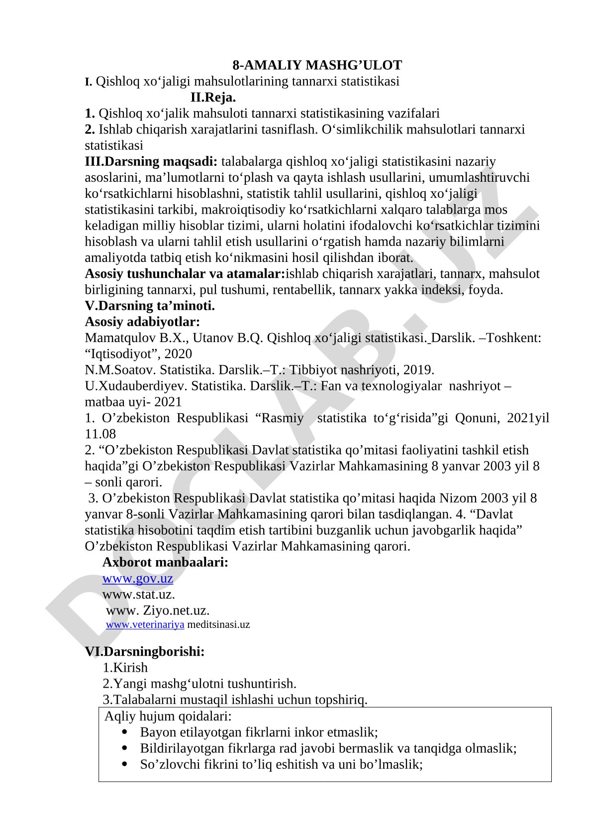 Qishloq xo‘jaligi mahsulotlarining tannarxi statistikasi