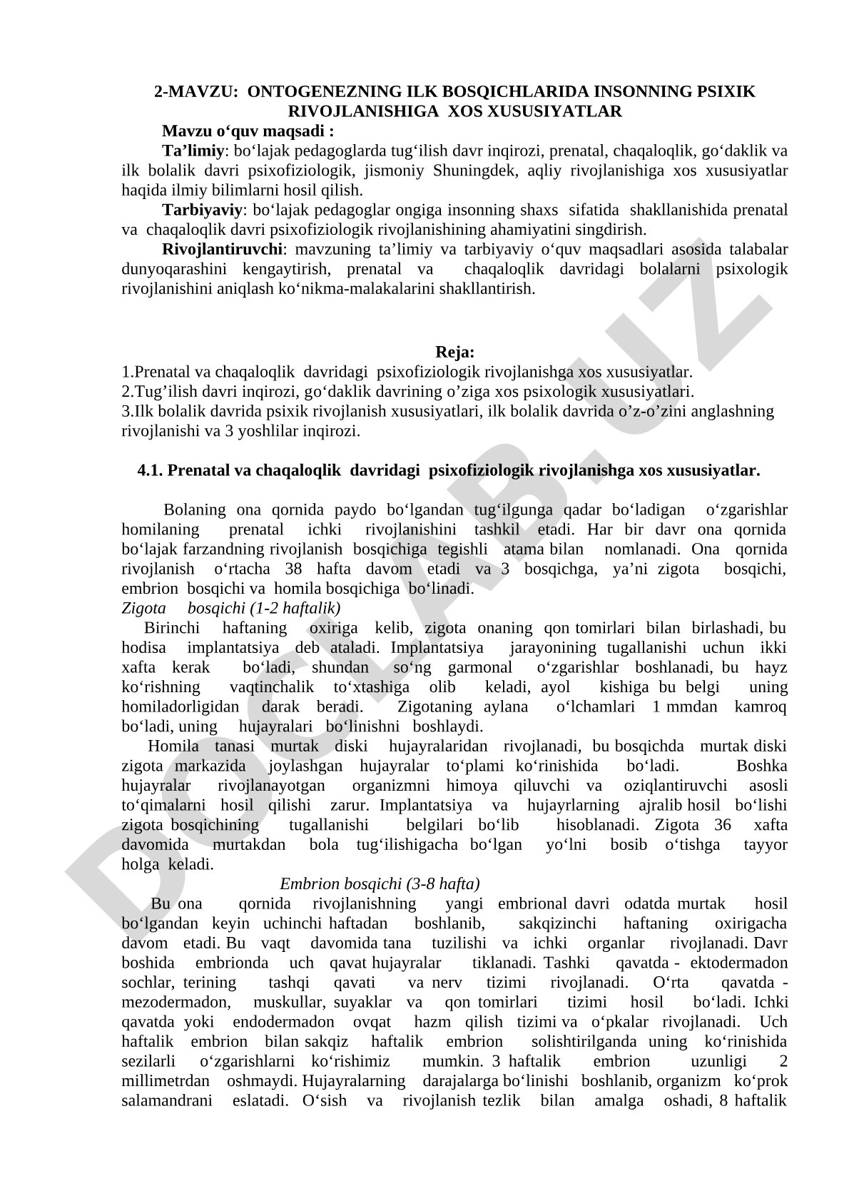 Ontogenezning ilk bosqichlarida insonning psixik rivojlanishiga xos xususiyatlar