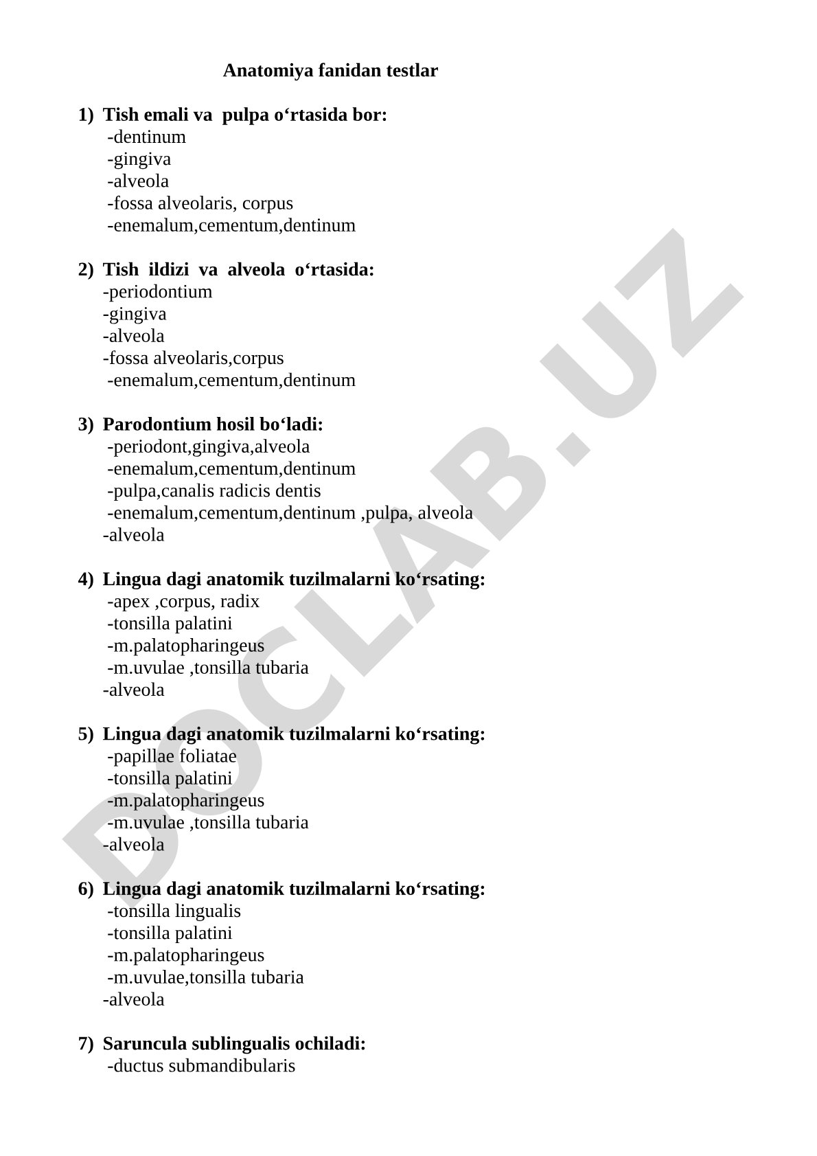 Anatomiya fanidan testlar