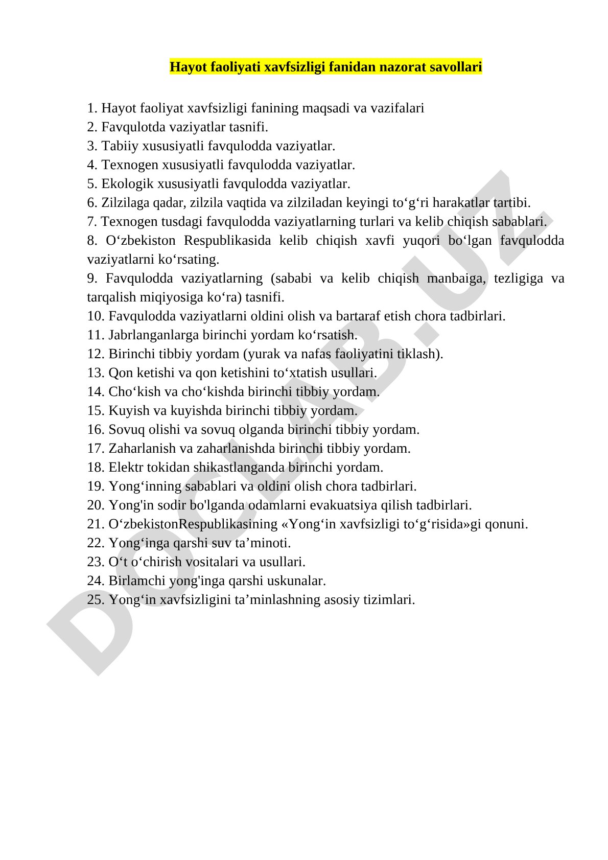 Hayot faoliyati xavfsizligi fanidan nazorat savollari
