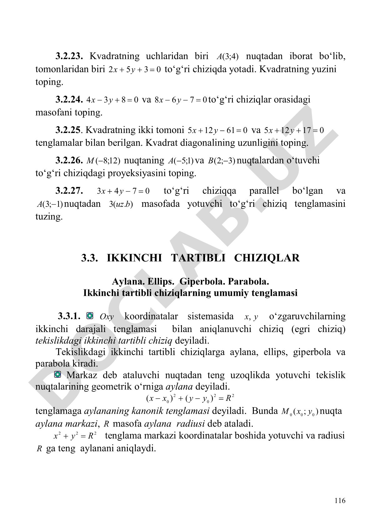 To'g'ri chiziq va ikkinchi tartibli chiziqlar masalalari