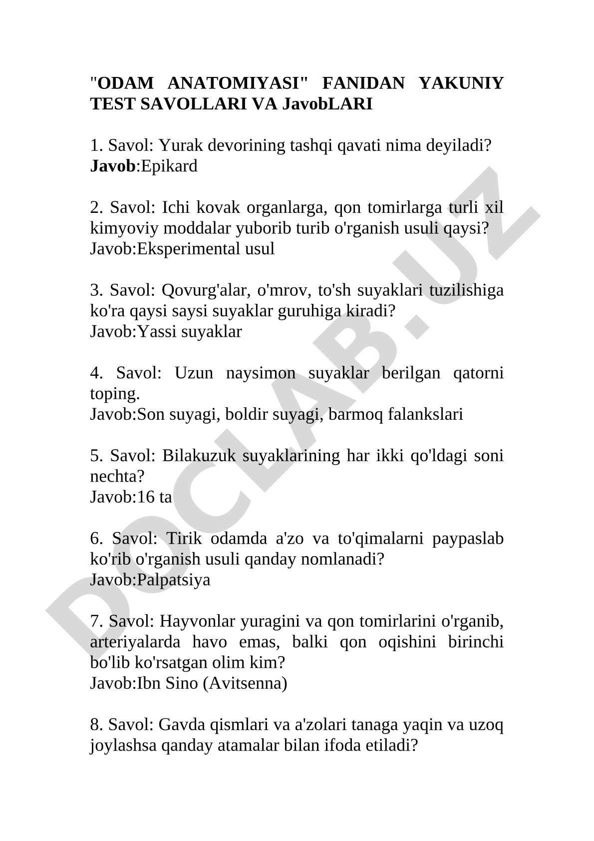 Odam anatomiyasi fanidan yakuniy test savollari va javoblari