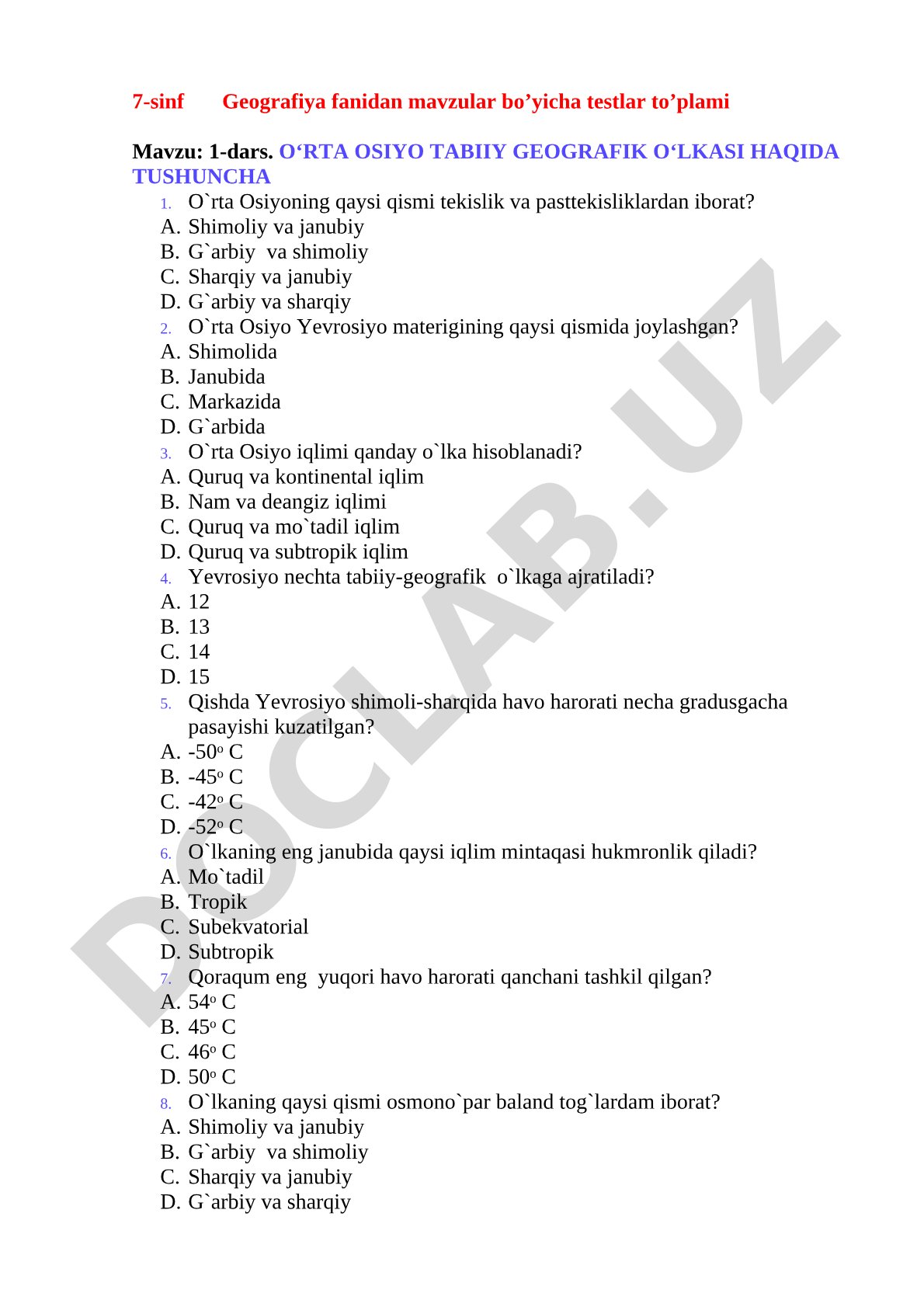 O‘rta Osiyo tabiiy geografik o‘lkasi haqida testlar