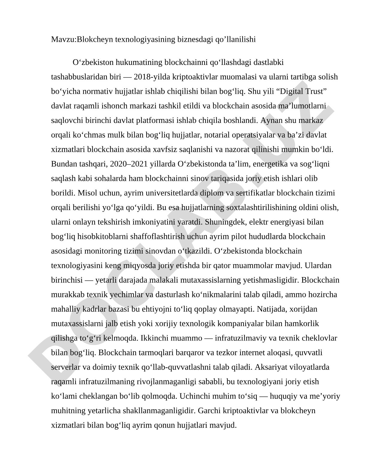 Blokcheyn texnologiyasining biznesdagi qo'llanilishi