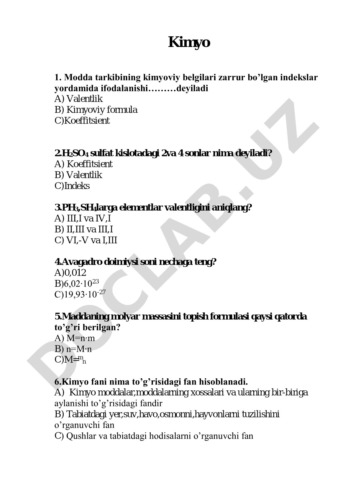 Kimyo fanidan test savollari