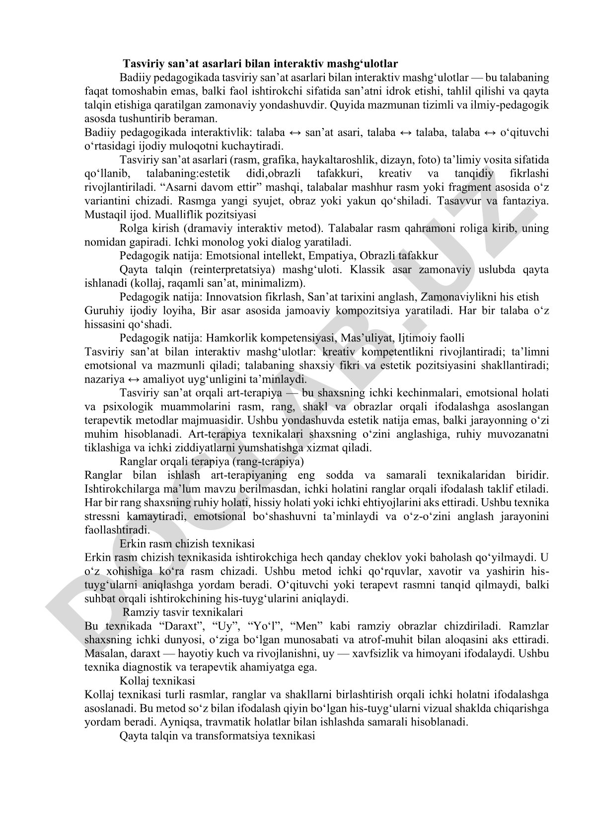 Tasviriy san’at asarlari bilan interaktiv mashg‘ulotlar