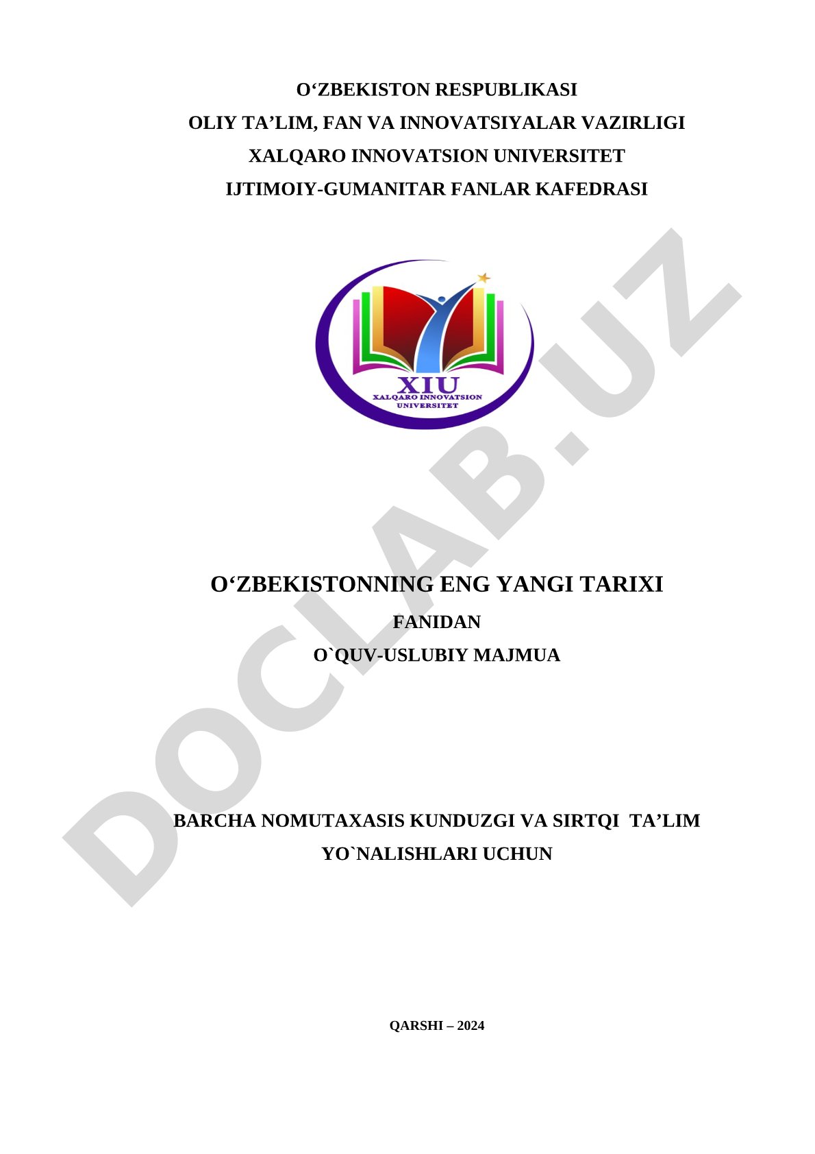 O'zbekistonning eng yangi tarixi fanidan o'quv-uslubiy majmua