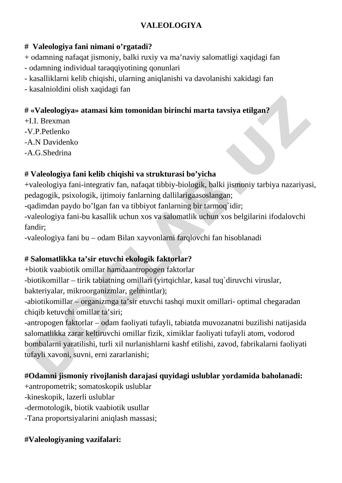 Valeologiya fanidan test savollari