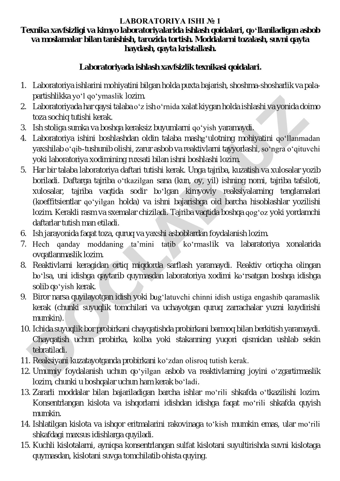 Texnika xavfsizligi va kimyo laboratoriyalarida ishlash qoidalari