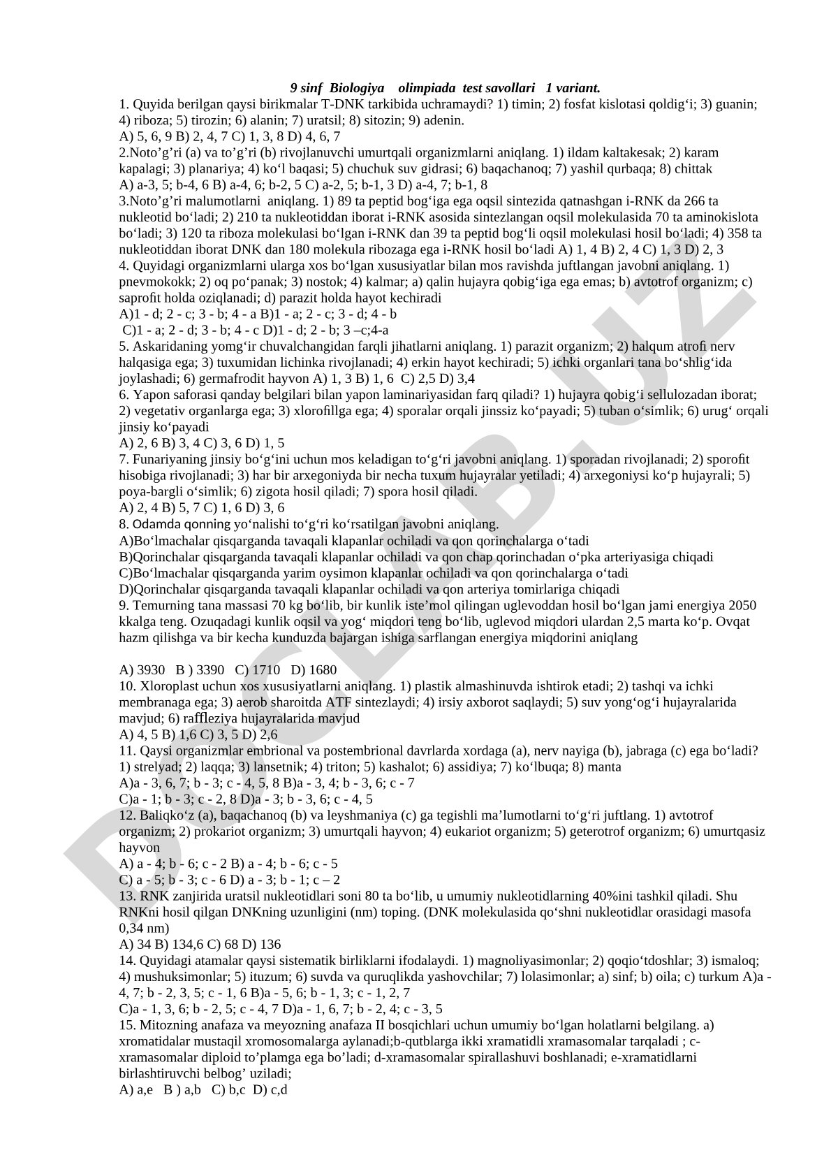 9 sinf Biologiya olimpiada test savollari 1 variant