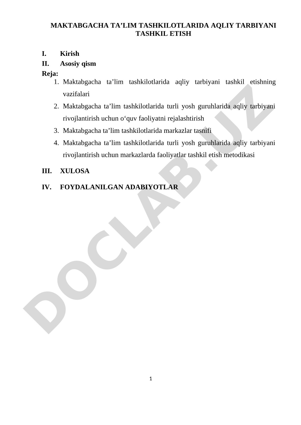 Maktabgacha ta’lim tashkilotlarida aqliy tarbiyani tashkil etish