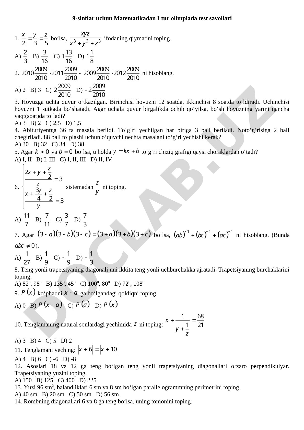 9-sinflar uchun Matematikadan I tur olimpiada test savollari