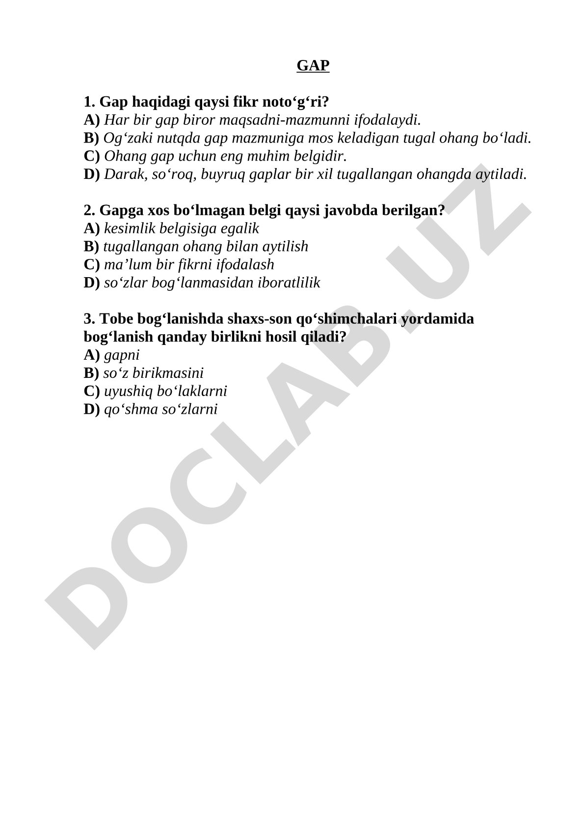 O‘zbek tili grammatikasidan gap turlari bo‘yicha test savollari
