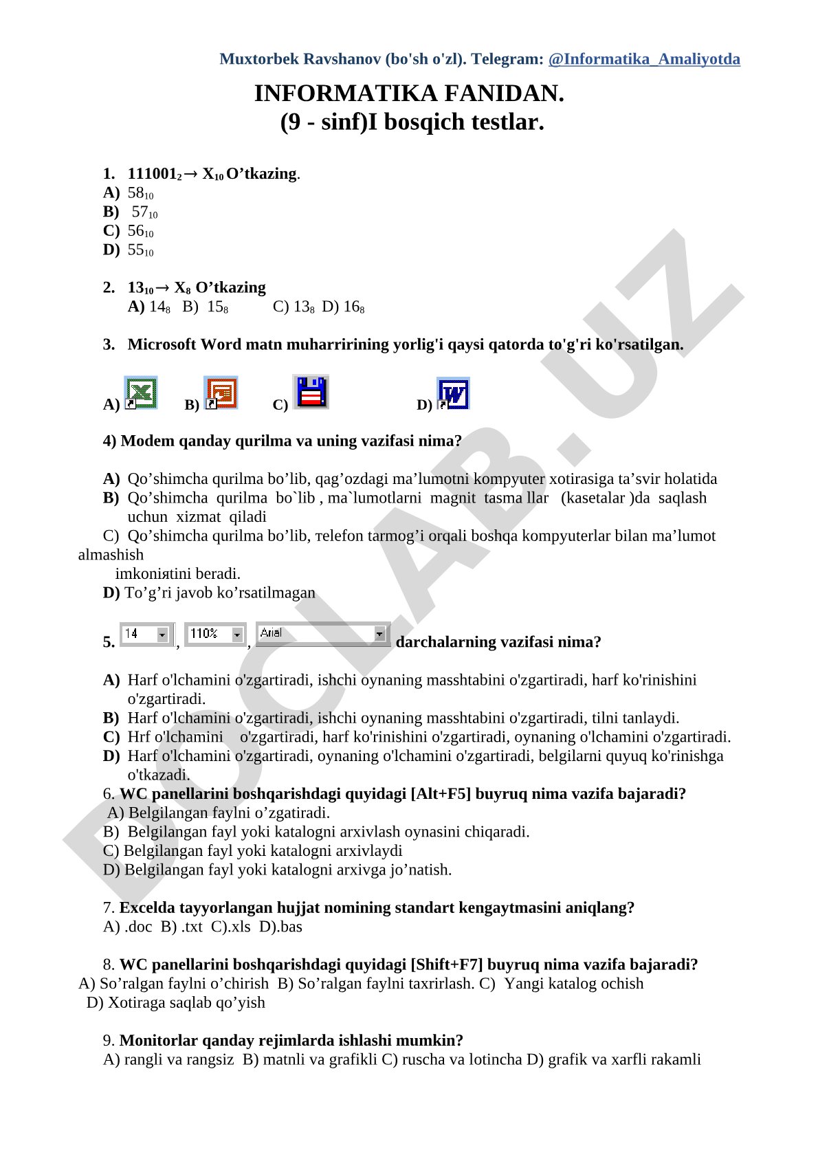 Informatika fanidan. (9 - sinf)I bosqich testlar.