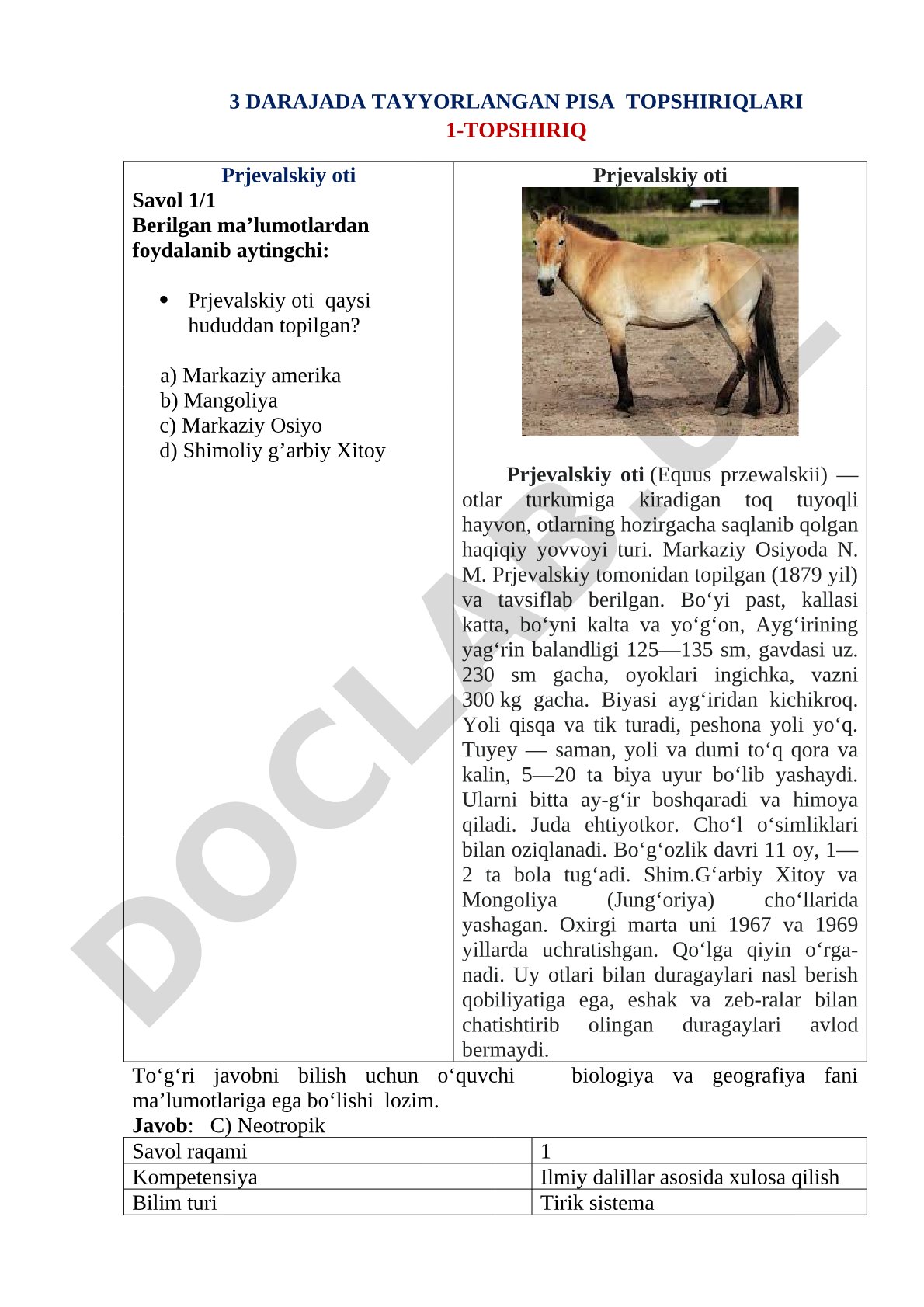 Prjevalskiy oti haqida PISA topshirig'i
