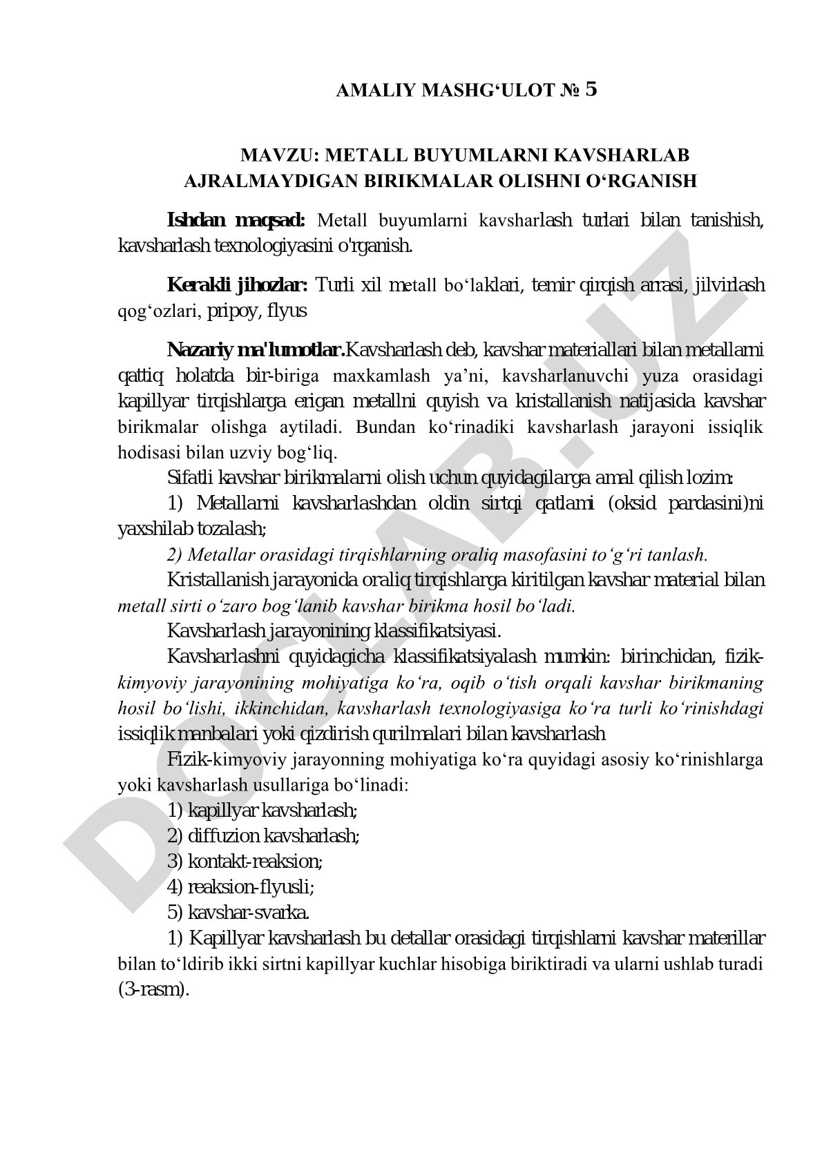 Metall buyumlarni kavsharlab ajralmaydigan birikmalar olishni o'rganish