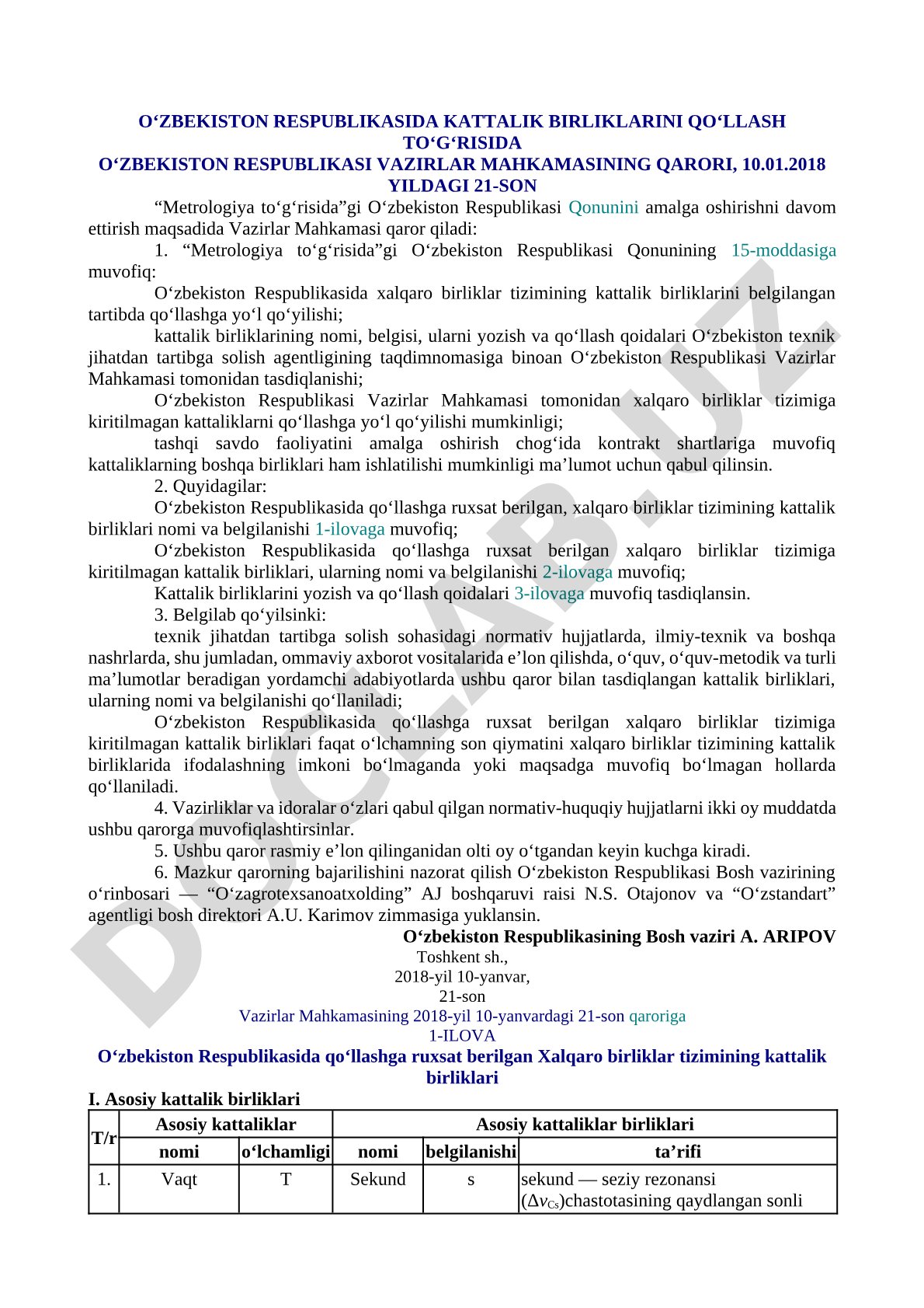 O‘zbekiston Respublikasida kattalik birliklarini qo‘llash to‘g‘risida