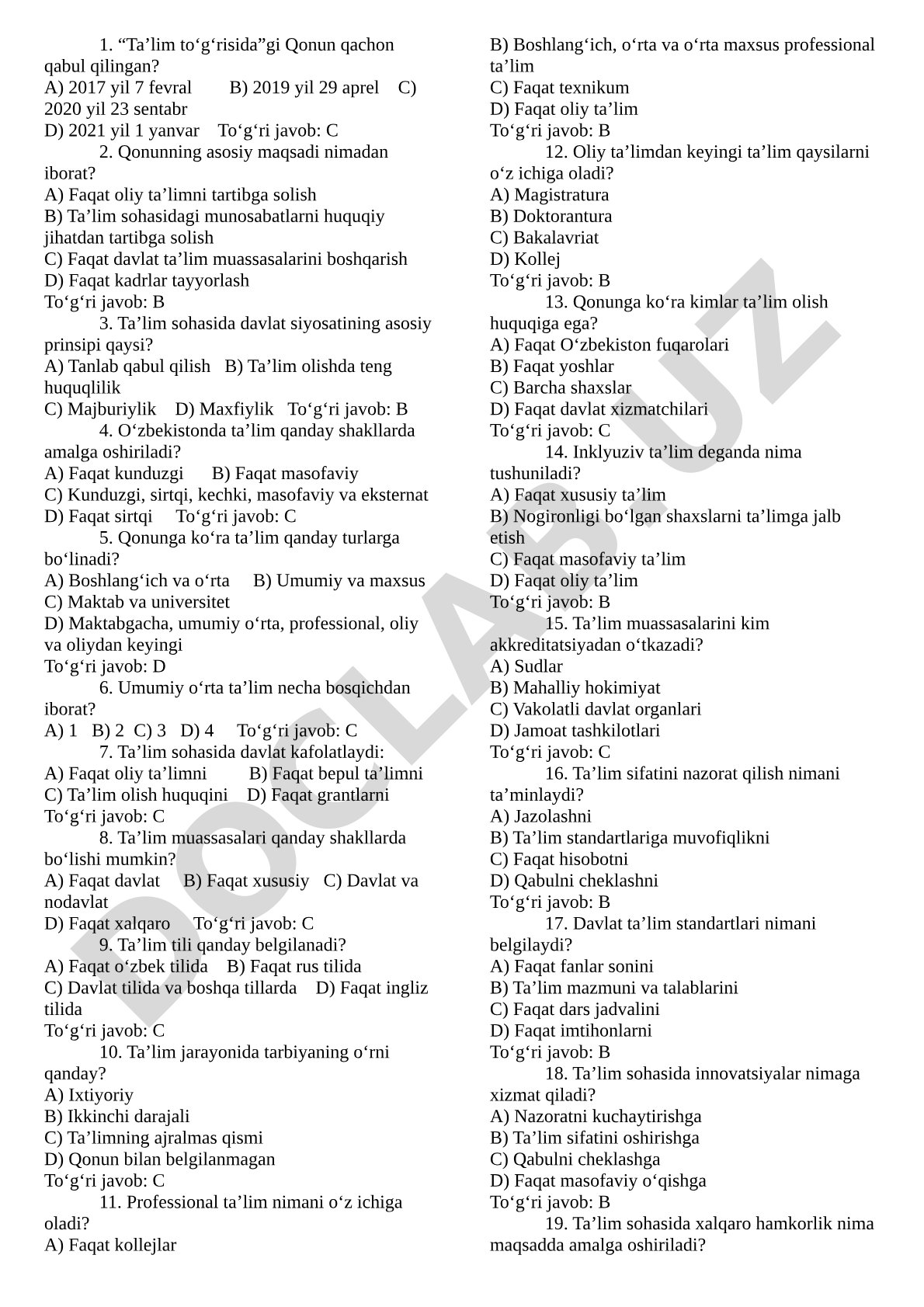Ta'lim to'g'risida qonuni bo'yicha test savollari