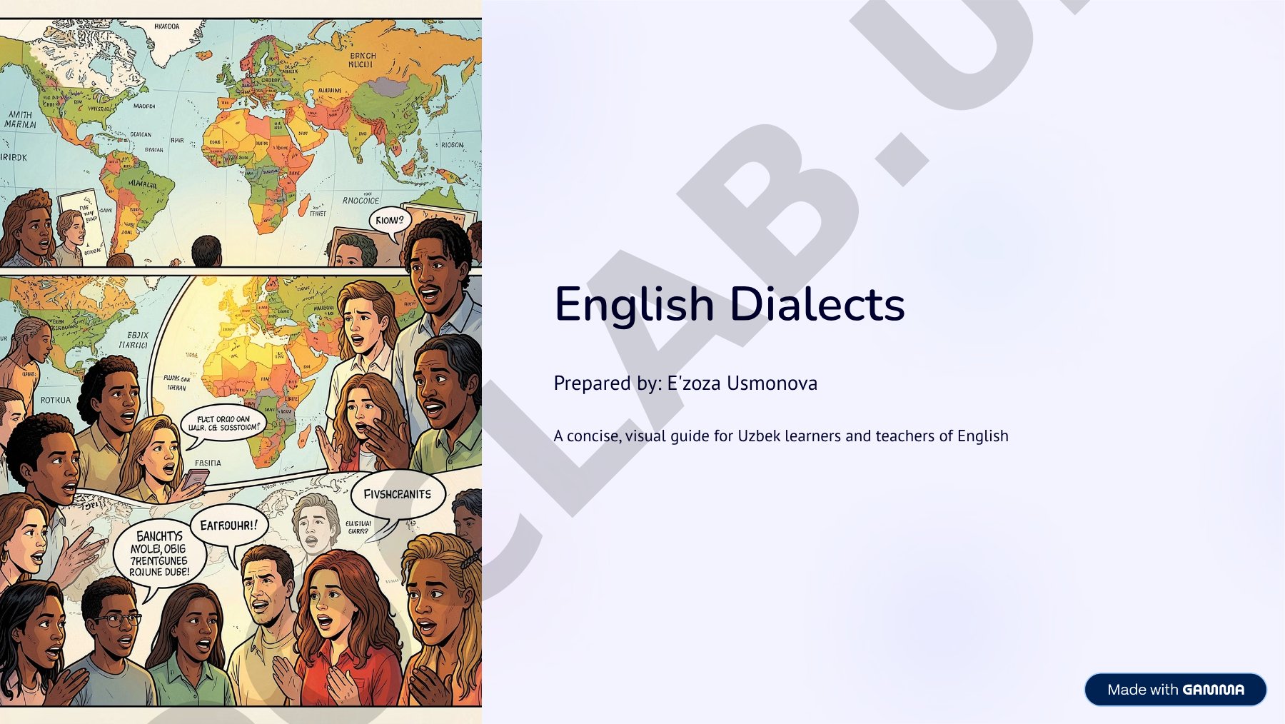 A concise guide for Uzbek learners covering English dialect types and British/American