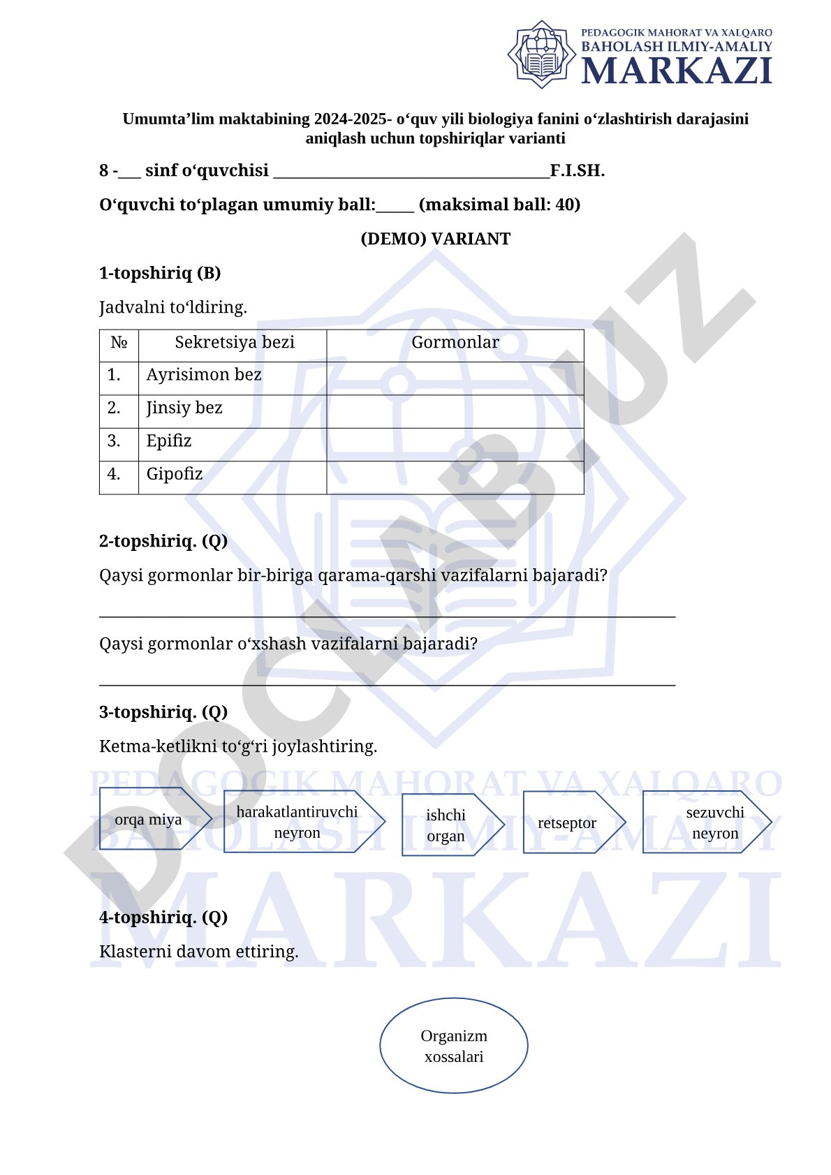 8-sinf biologiya fanidan o'zlashtirish darajasini aniqlash topshiriqlari