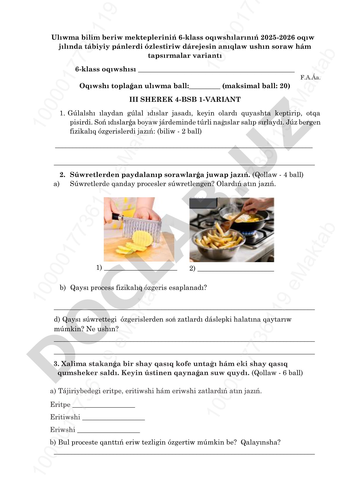 6-klass tábiyiy pánler 4-BSB 1-variant