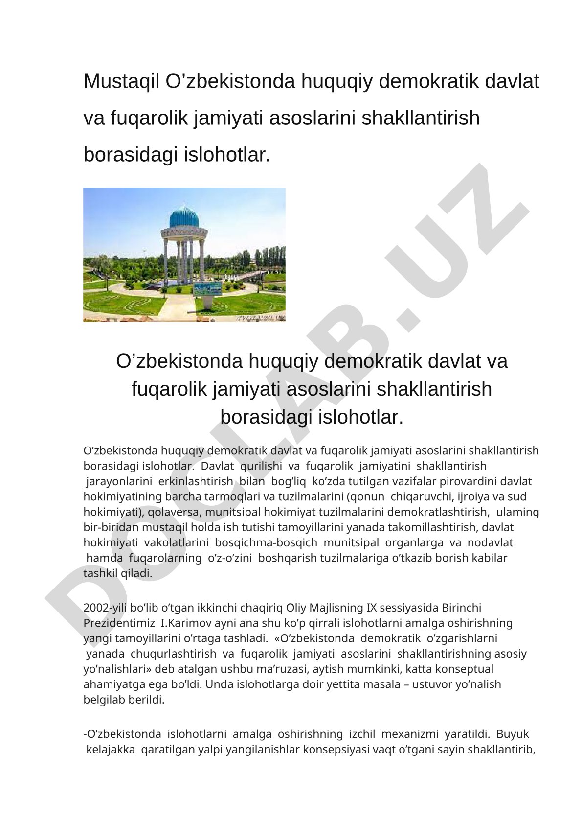 O’zbekistonda huquqiy demokratik davlat va fuqarolik jamiyati asoslarini shakllantirish islohotlari