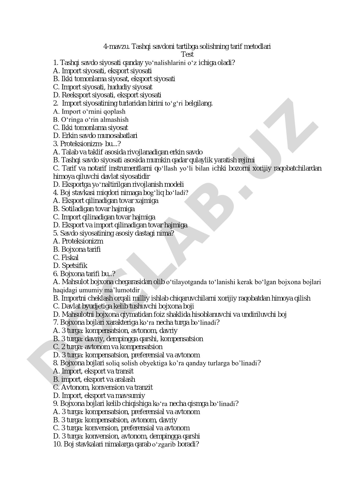 Tashqi savdoni tartibga solishning tarif metodlari