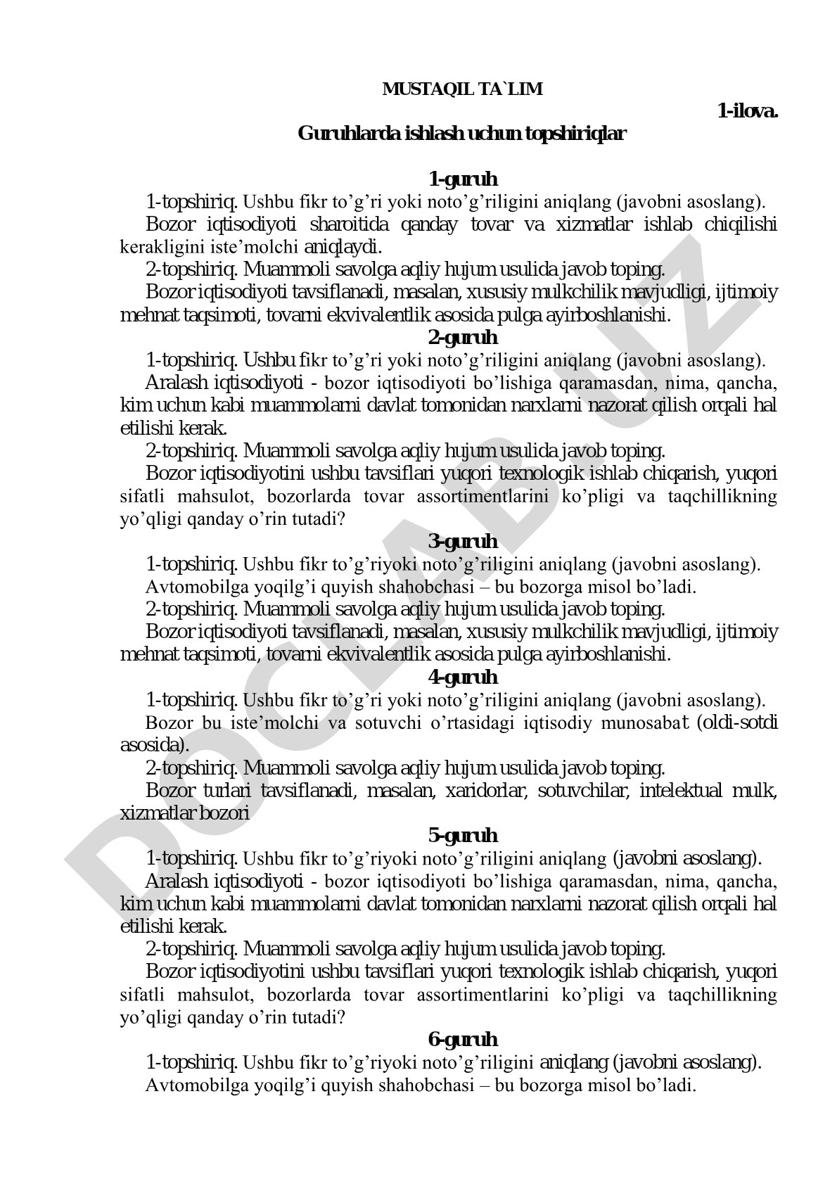 Bozor iqtisodiyoti va aralash iqtisodiyotga oid topshiriqlar