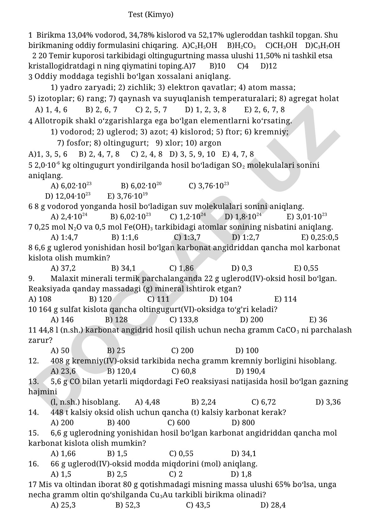 Kimyo fanidan test savollari