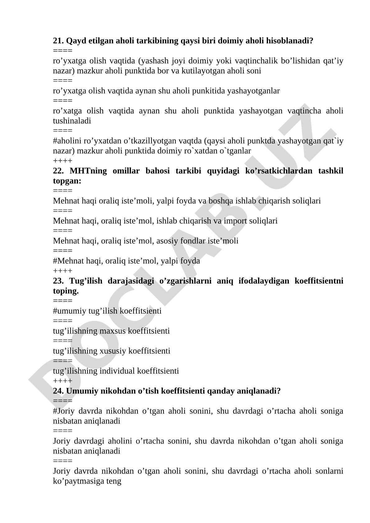 Aholi statistikasi va MHT bo'yicha test savollari