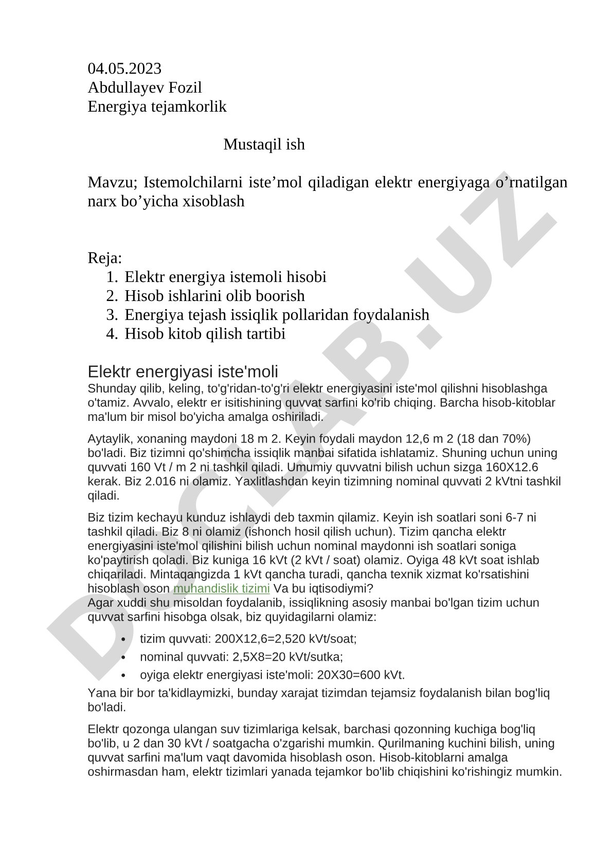 Istemolchilarni iste'mol qiladigan elektr energiyaga o'rnatilgan narx bo'yicha xisoblash
