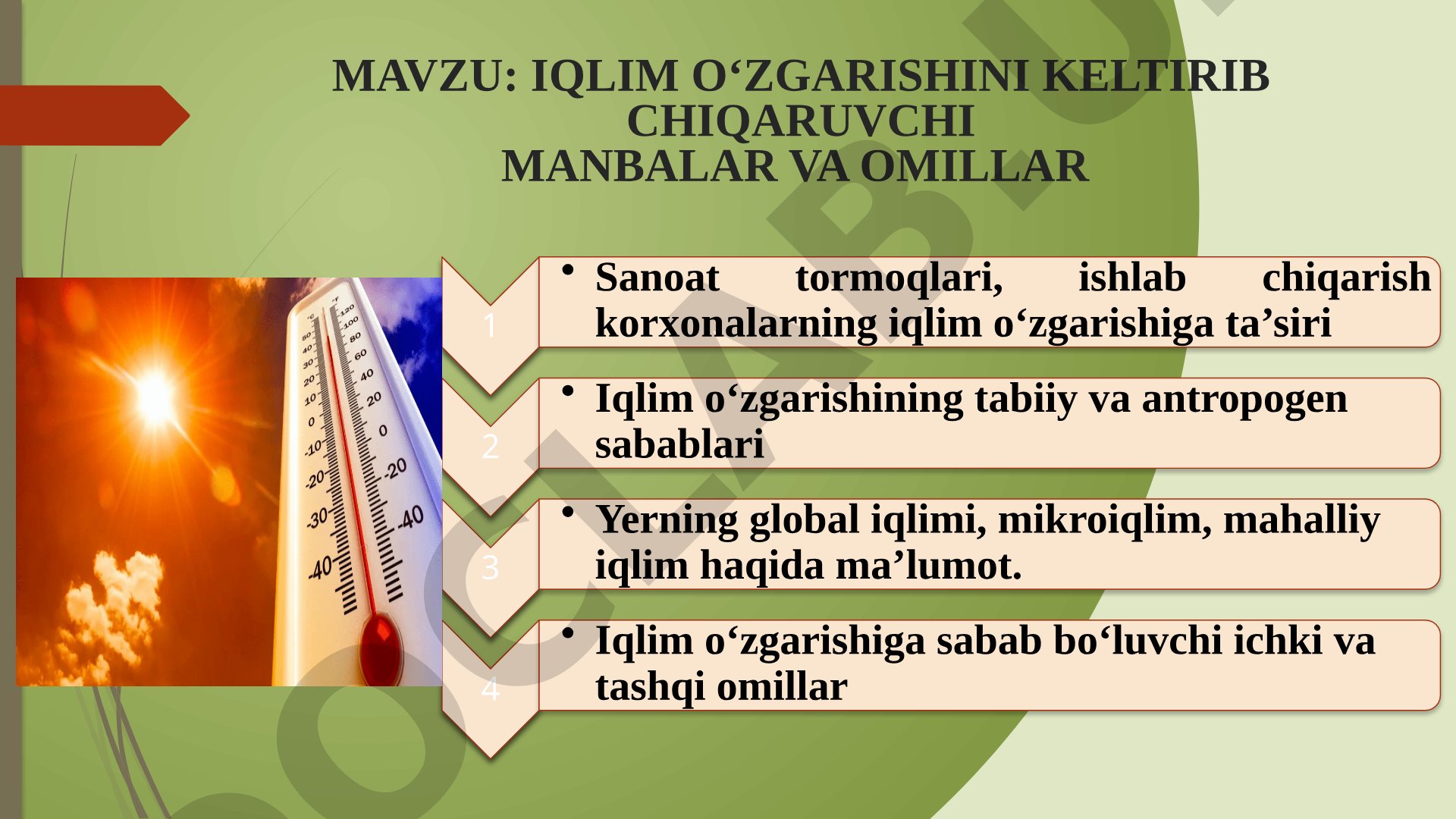 Iqlim o'zgarishini keltirib chiqaruvchi manbalar va omillar