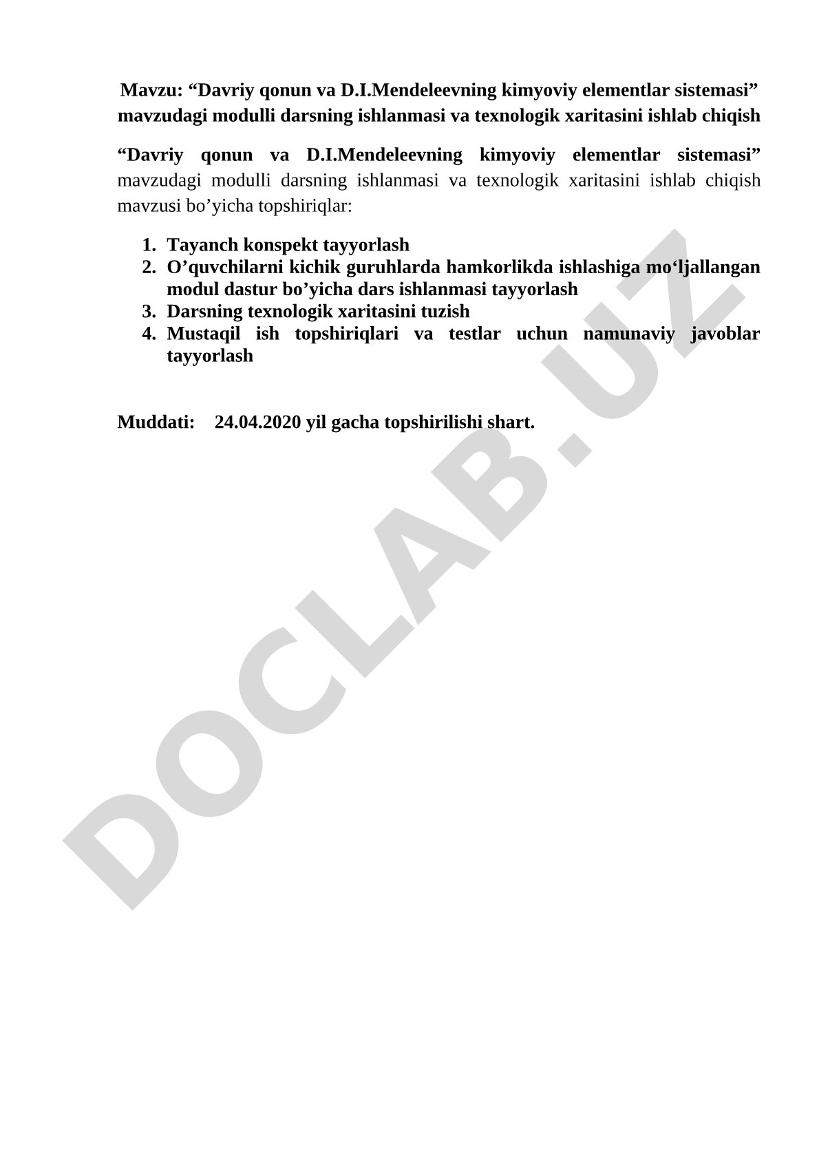 Davriy qonun va D.I.Mendeleevning kimyoviy elementlar sistemasi