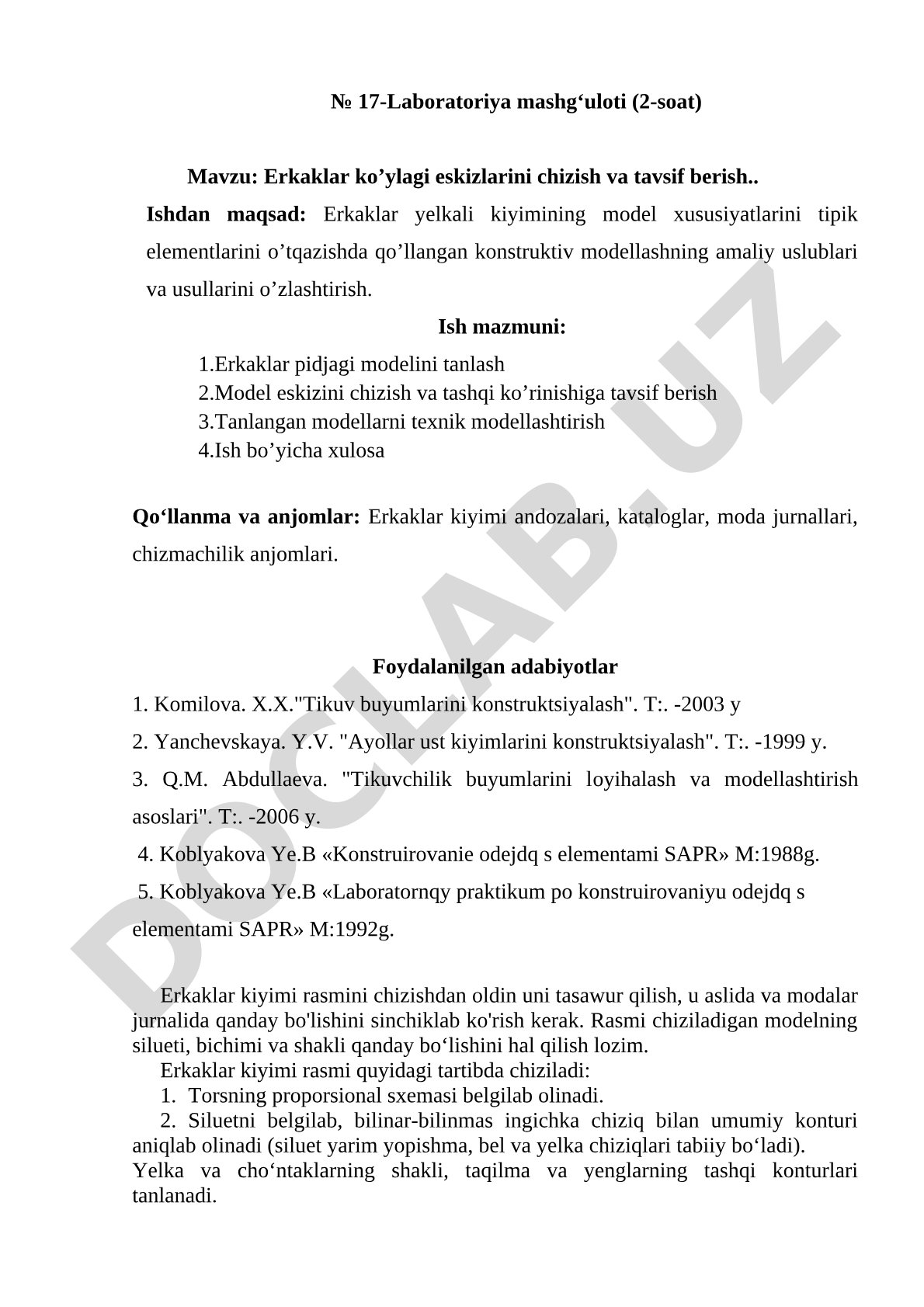 Erkaklar ko’ylagi eskizlarini chizish va tavsif berish