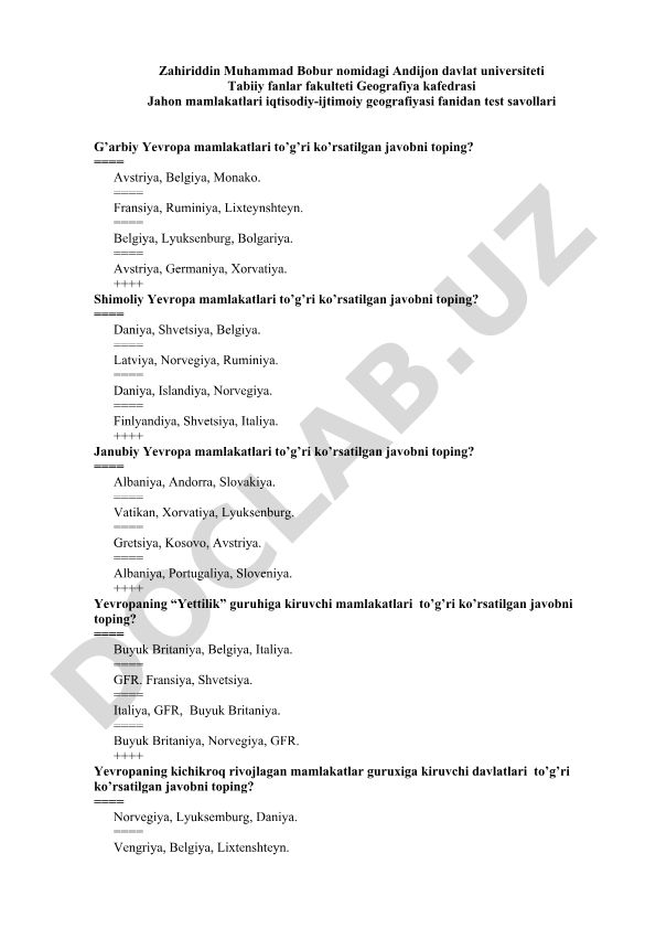 G'arbiy, Shimoliy, Janubiy Yevropa mamlakatlari va Yevropa guruhlari test savollari