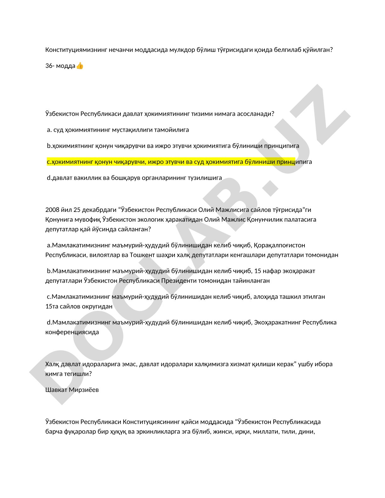 Konstitutsiya va saylov qonunchiligi bo'yicha test savollari