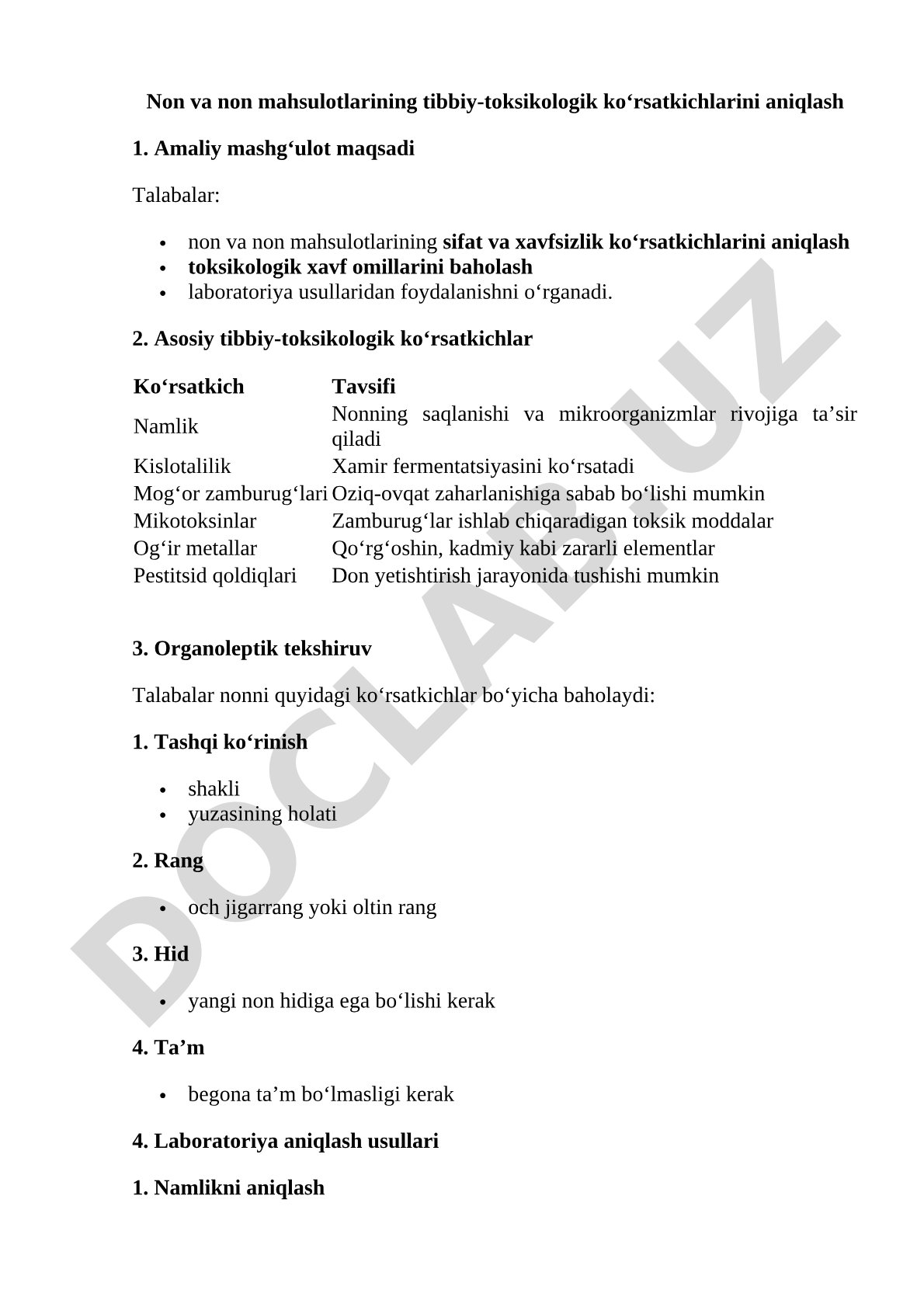 Non va non mahsulotlarining tibbiy-toksikologik ko‘rsatkichlarini aniqlash