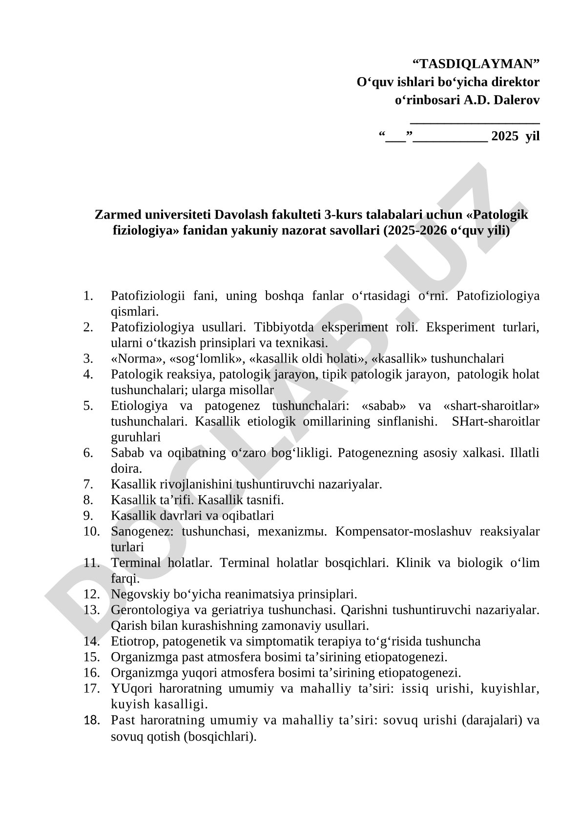 «Patologik fiziologiya» fanidan yakuniy nazorat savollari