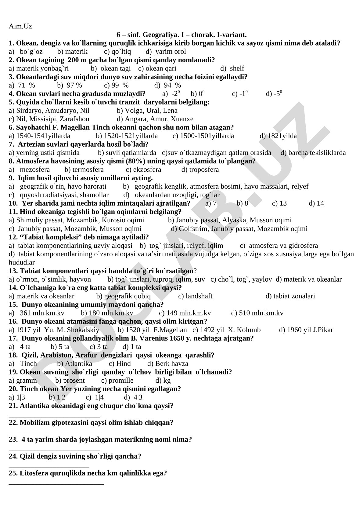 Aim.Uz 6 – sinf. Geografiya. I – chorak. I-variant.