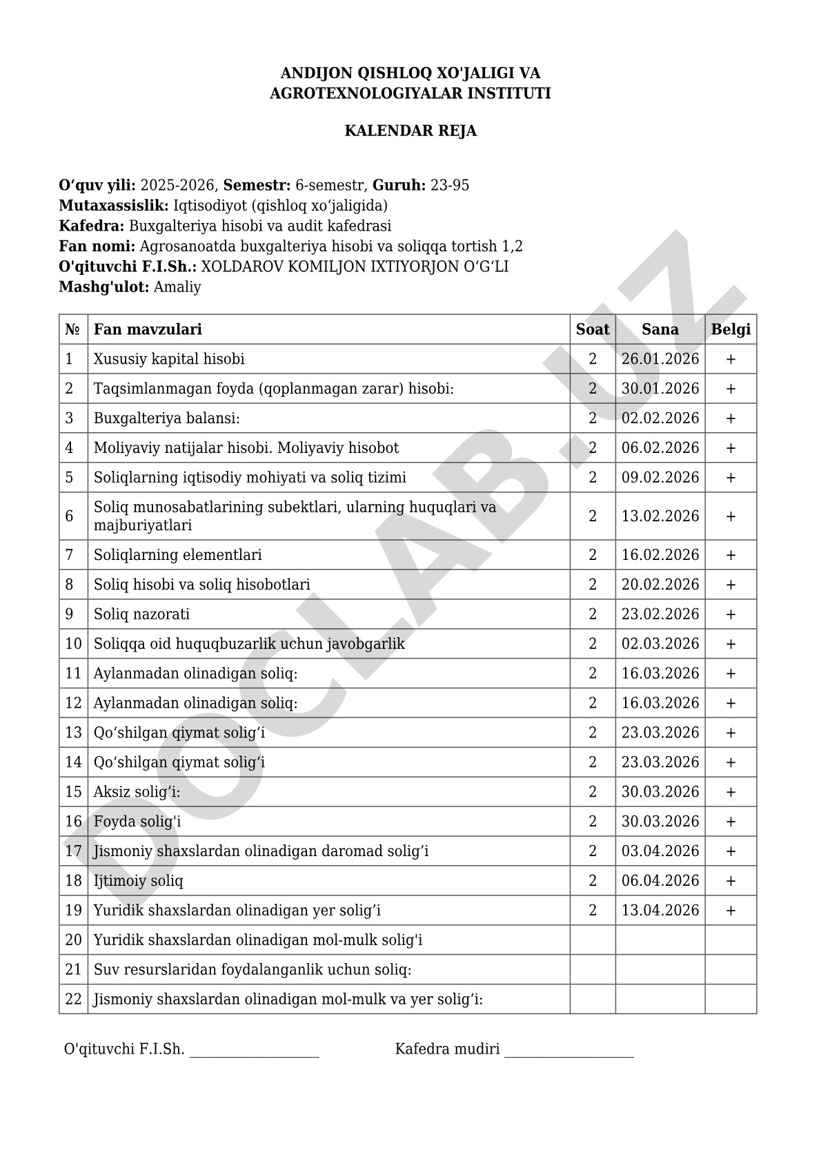 Andijon qishloq xo'jaligi va agrotexnologiyalar instituti kalendar reja