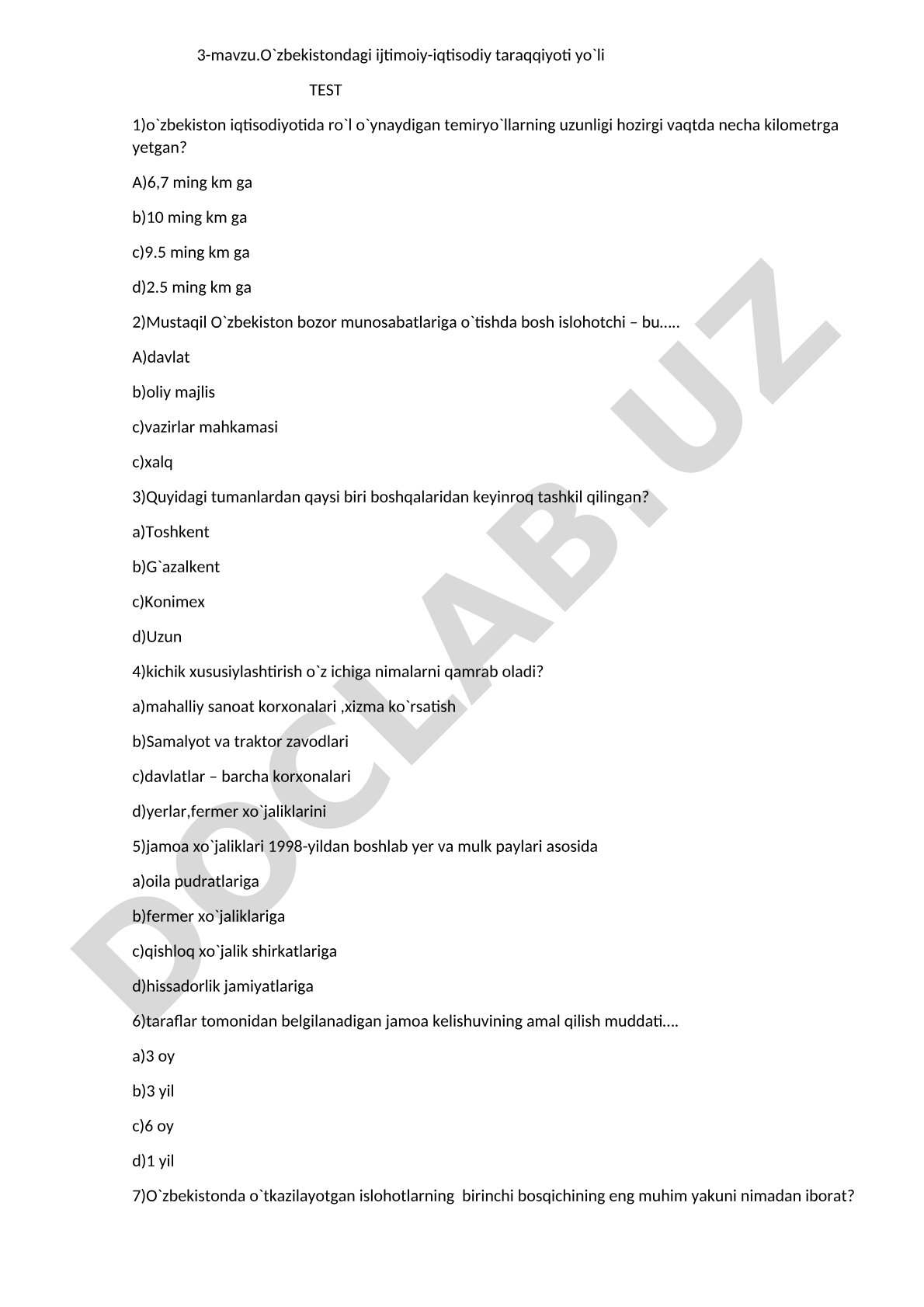 O'zbekistondagi ijtimoiy-iqtisodiy taraqqiyoti yo'li test