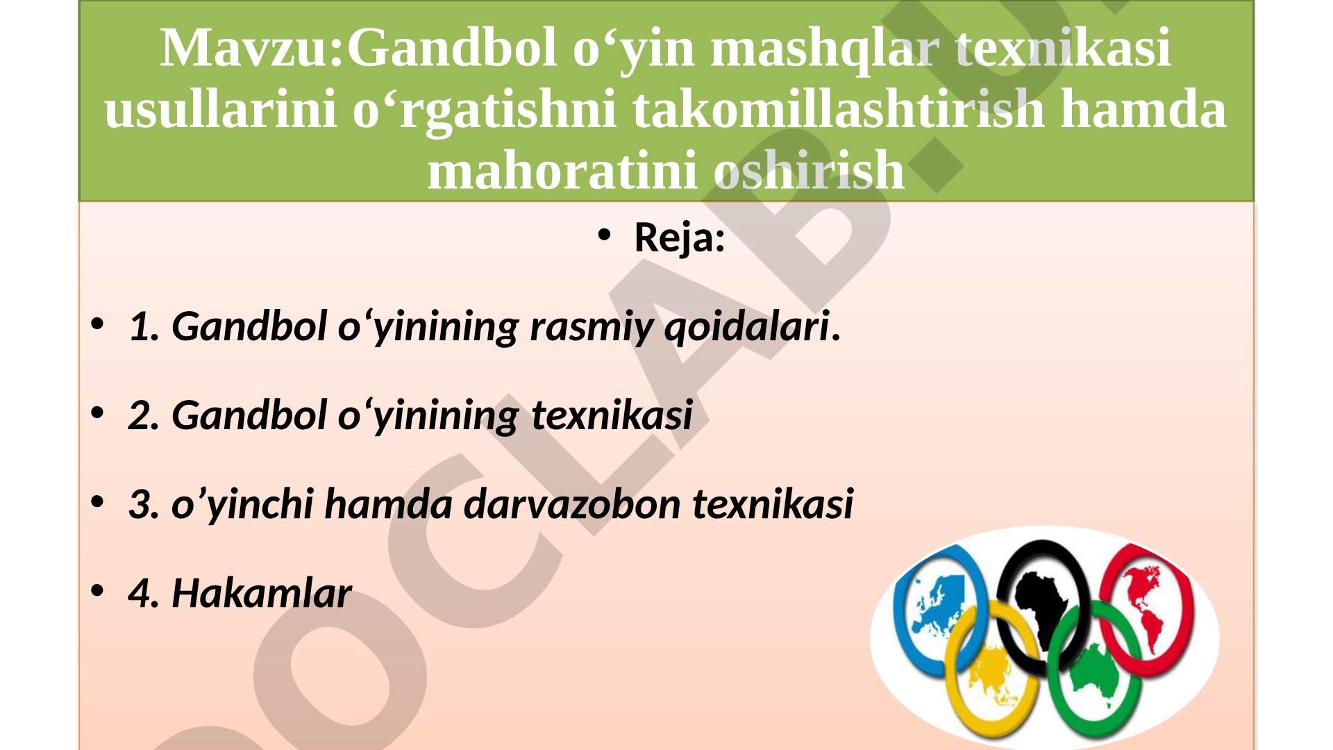 Gandbol o‘yin mashqlar texnikasi usullarini o‘rgatishni takomillashtirish hamda mahoratini oshirish