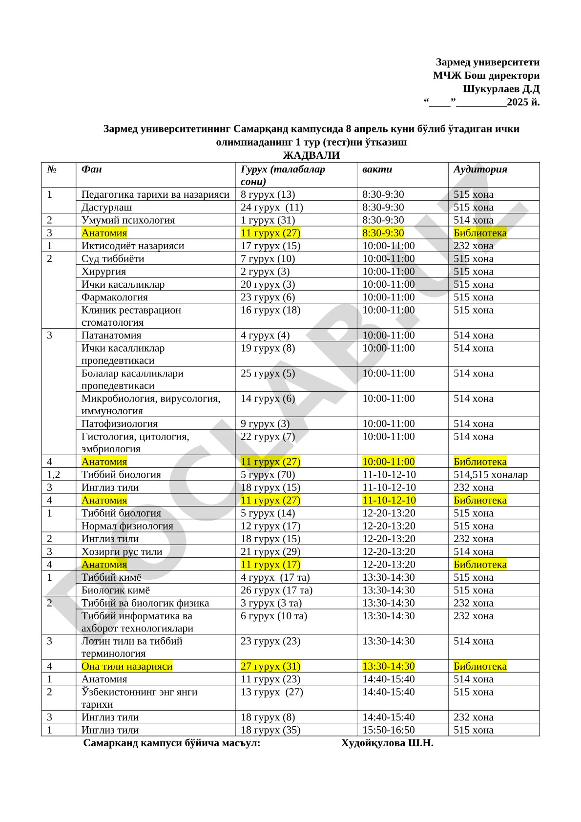 Зармед университети ички олимпиаданинг 1 тур (тест)ни ўтказиш жадвали