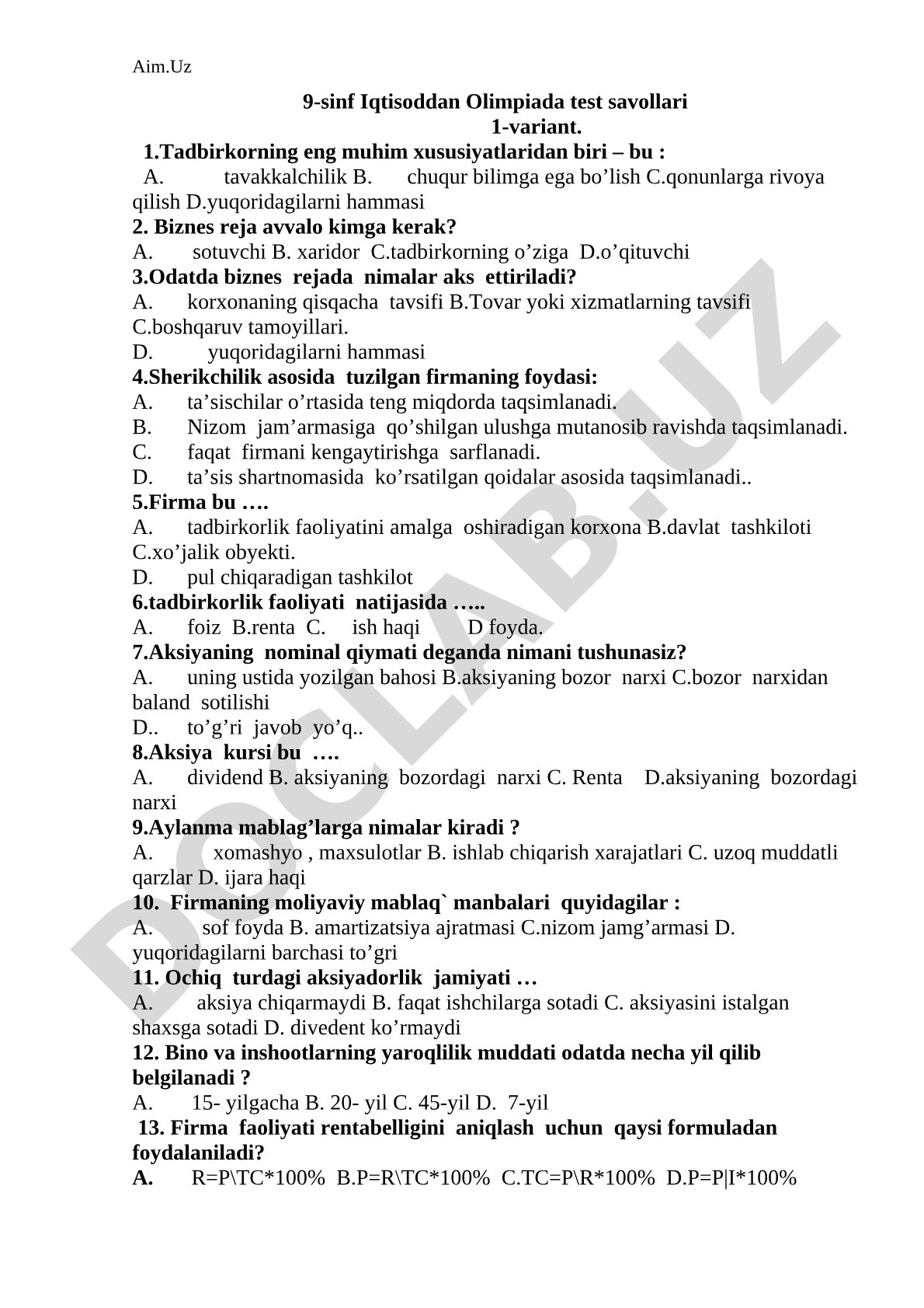 9-sinf Iqtisoddan Olimpiada test savollari 1-variant