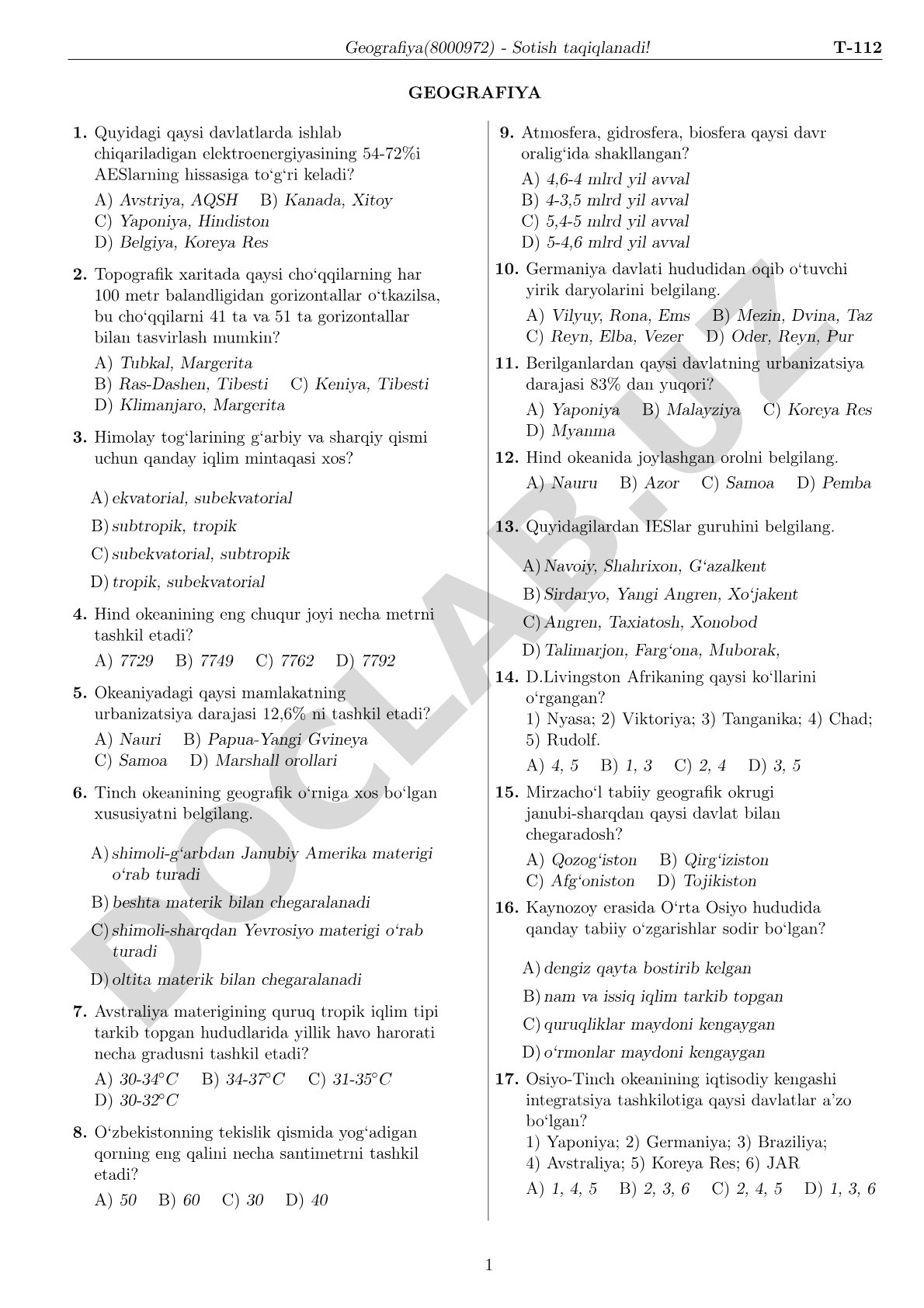 Geografiya fanidan test savollari